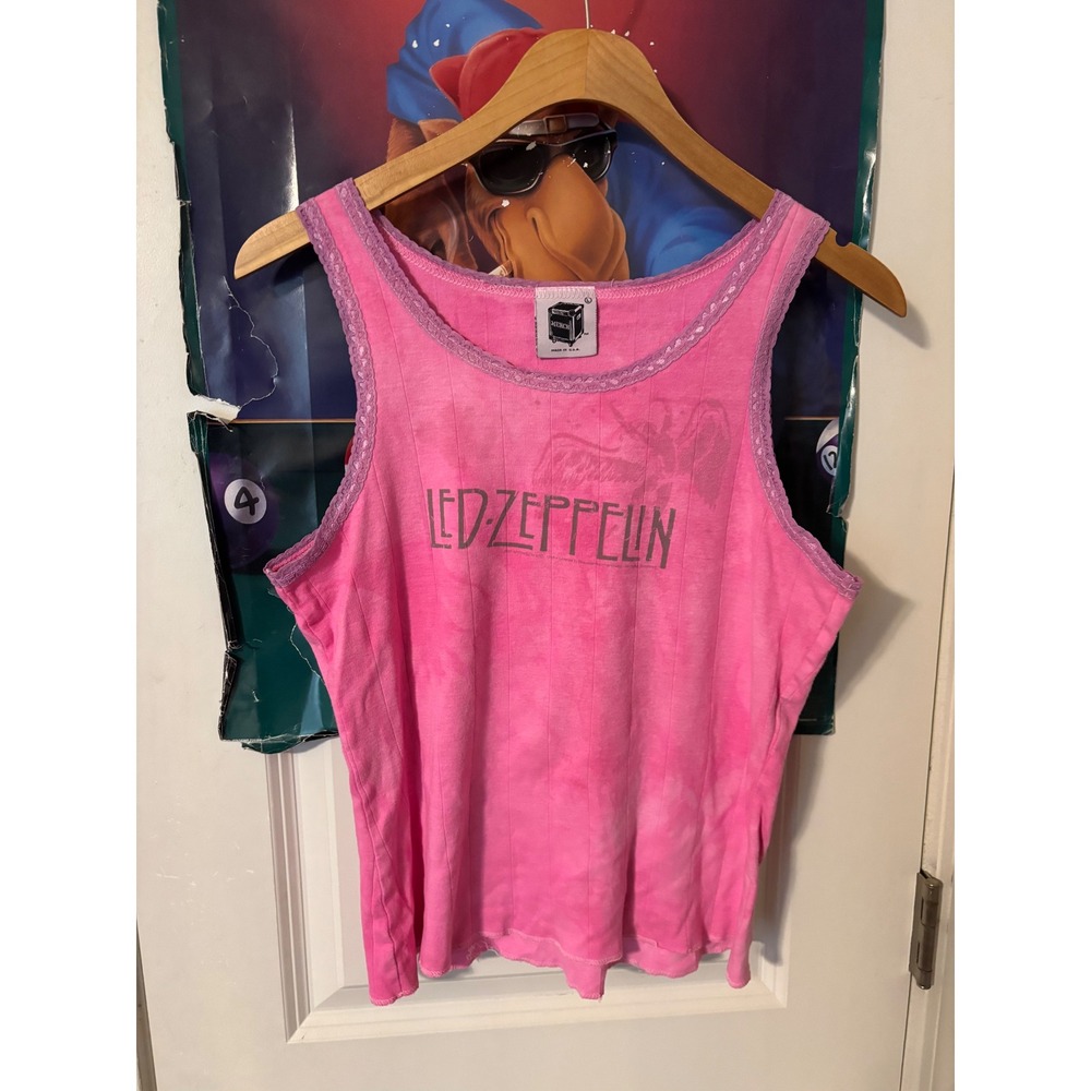 Led Zeppelin Pink Tie Dye Lace Trim Ribbed Tank Top Graphic Y2K Rock Band Large